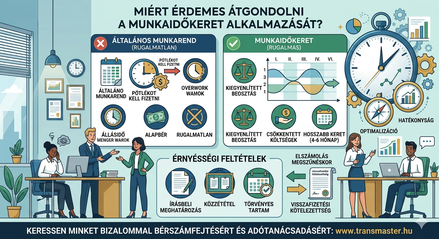 Összehasonlító infografika a munkaidőkeret és az általános munkarend előnyeiről, szabályairól. A folyamatábra vizuálisan szemlélteti, hogy míg a hagyományos munkarend rugalmatlan, és felesleges túlórapótlékokhoz vagy állásidőhöz vezethet, addig a munkaidőkeret kiegyenlített beosztást, csökkentett költségeket és optimális hatékonyságot biztosít a cégeknek. A grafika kiemeli a törvényes alkalmazás érvényességi feltételeit (írásbeli meghatározás, helyi közzététel) és a munkaviszony lejárta előtti megszűnés elszámolási szabályait is. Munkaügyi kérdésekben és precíz bérszámfejtésért keresse bizalommal a Transmaster Kft. szakértőit a www.transmaster.hu oldalon.